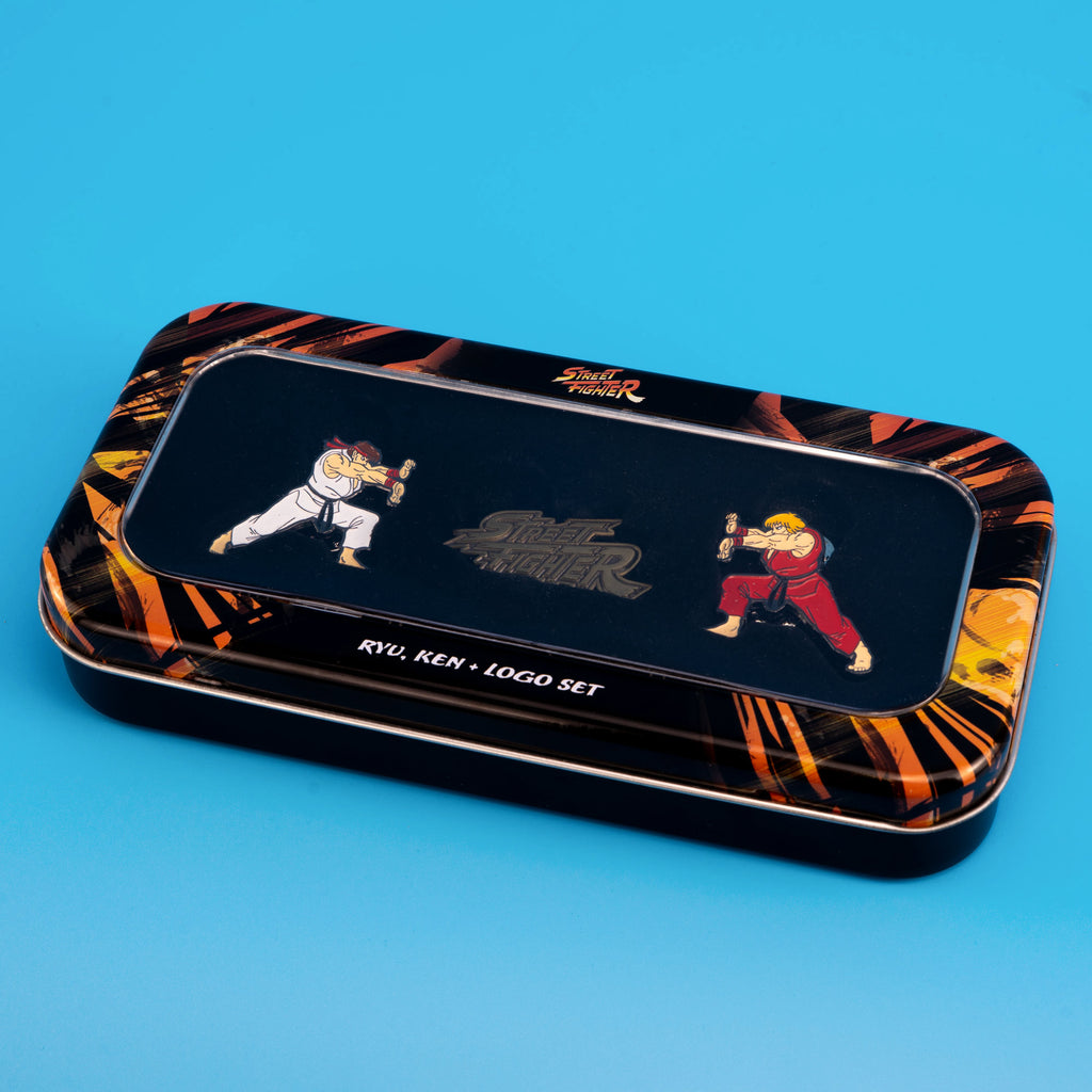 Street Fighter Ryu, Ken and Logo 3 Pack Enamel Pin Set with Tin