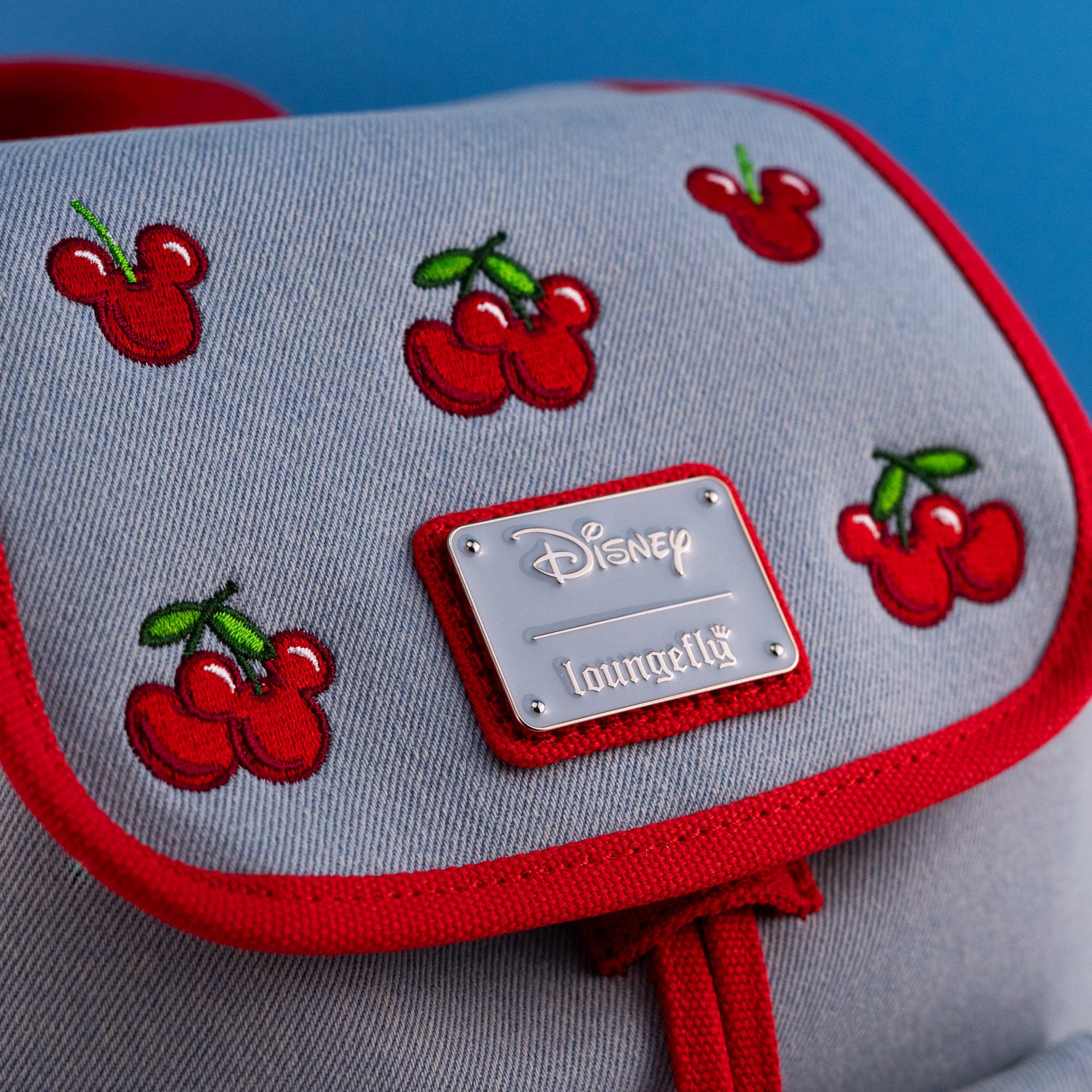 Loungefly x Disney Mickey and Minnie Denim Cherries Canvas Mini Backpack