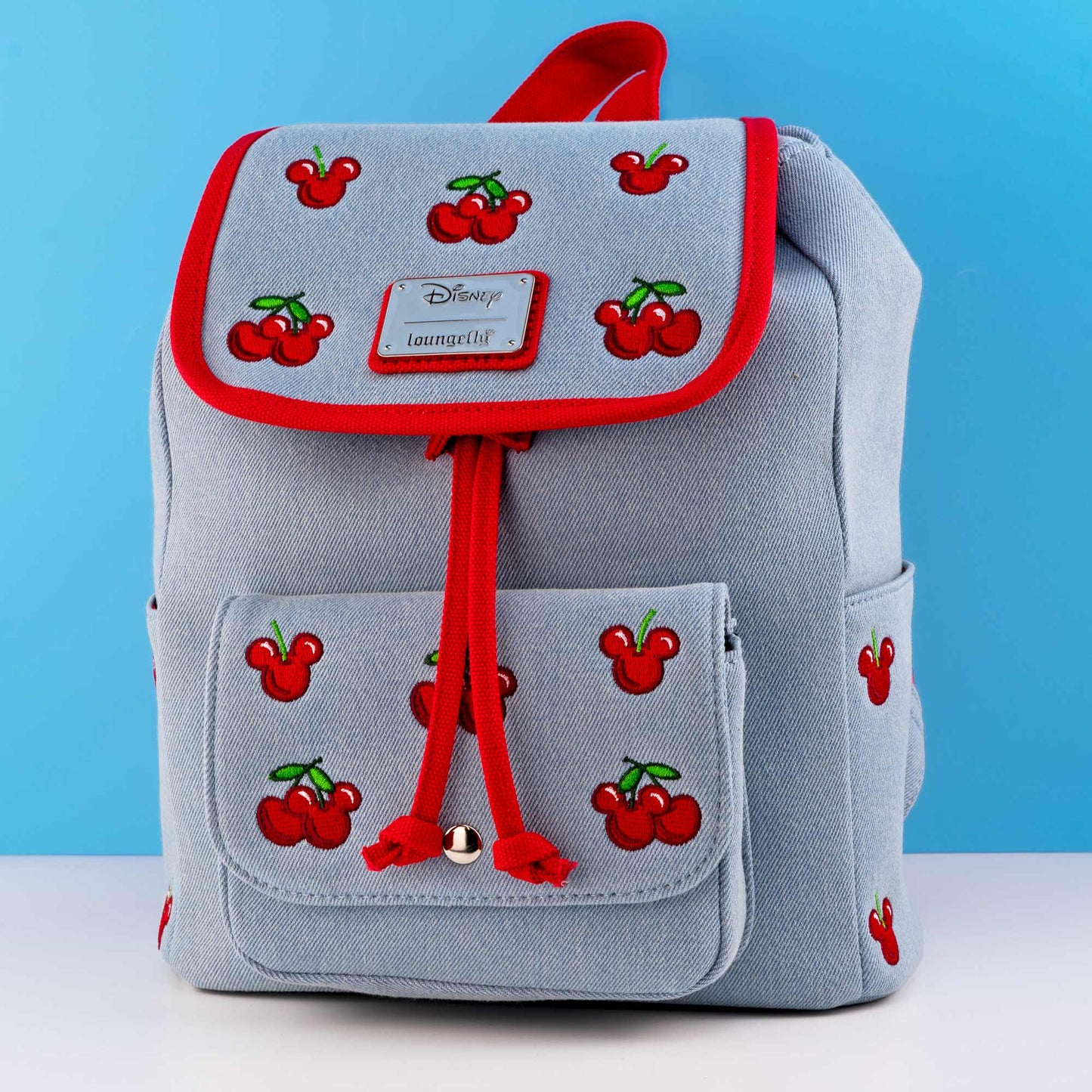 Loungefly x Disney Mickey and Minnie Denim Cherries Canvas Mini Backpack