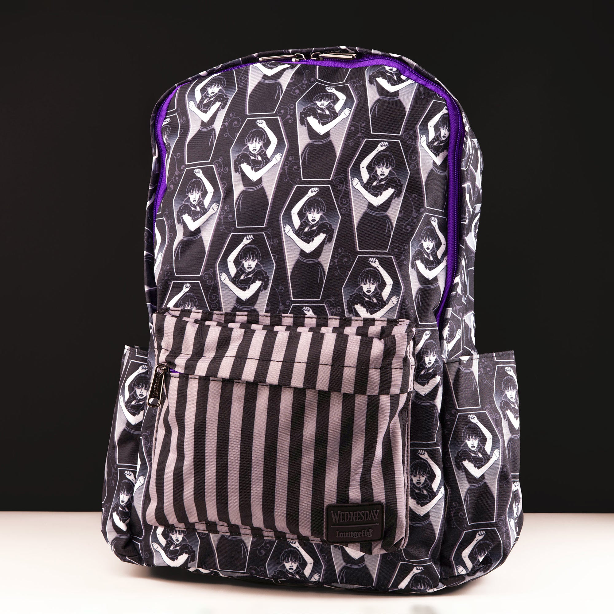 Loungefly x Wednesday Coffin Print Pin Striped Nylon Backpack
