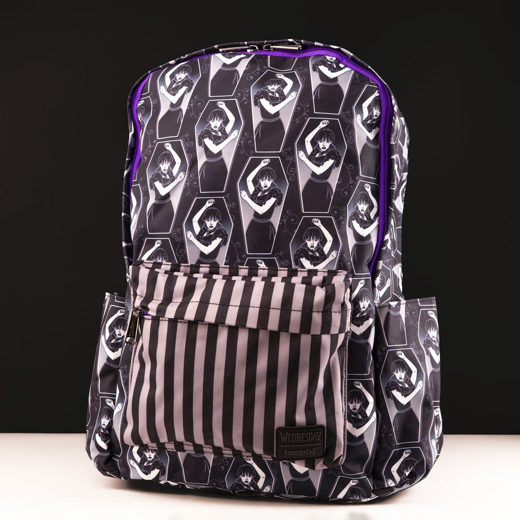Loungefly x Wednesday Coffin Print Pin Striped Nylon Backpack