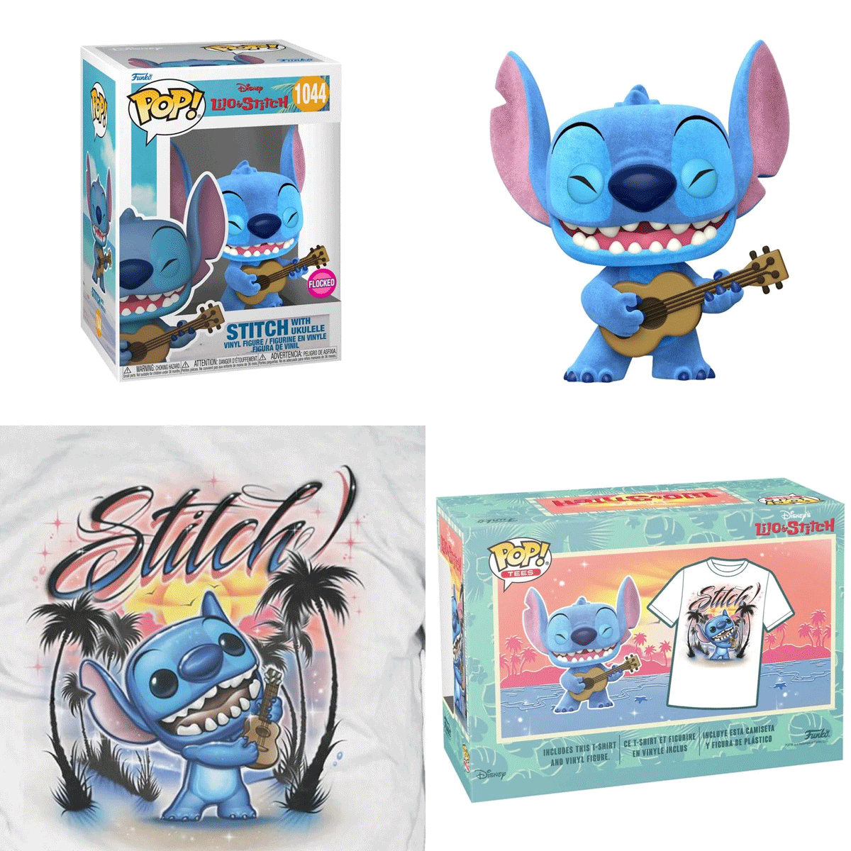 Disney Lilo and Stitch Stitch with Ukulele Flocked Pop Vinyl and Tee Set