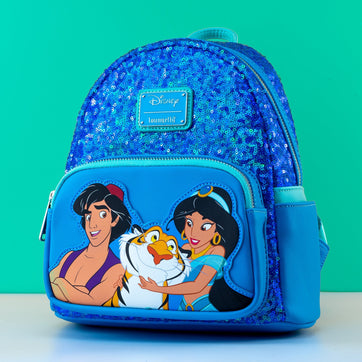 Loungefly x Disney Aladdin, Jasmine and Rajah Blue Sequin Mini Backpack - GeekCore