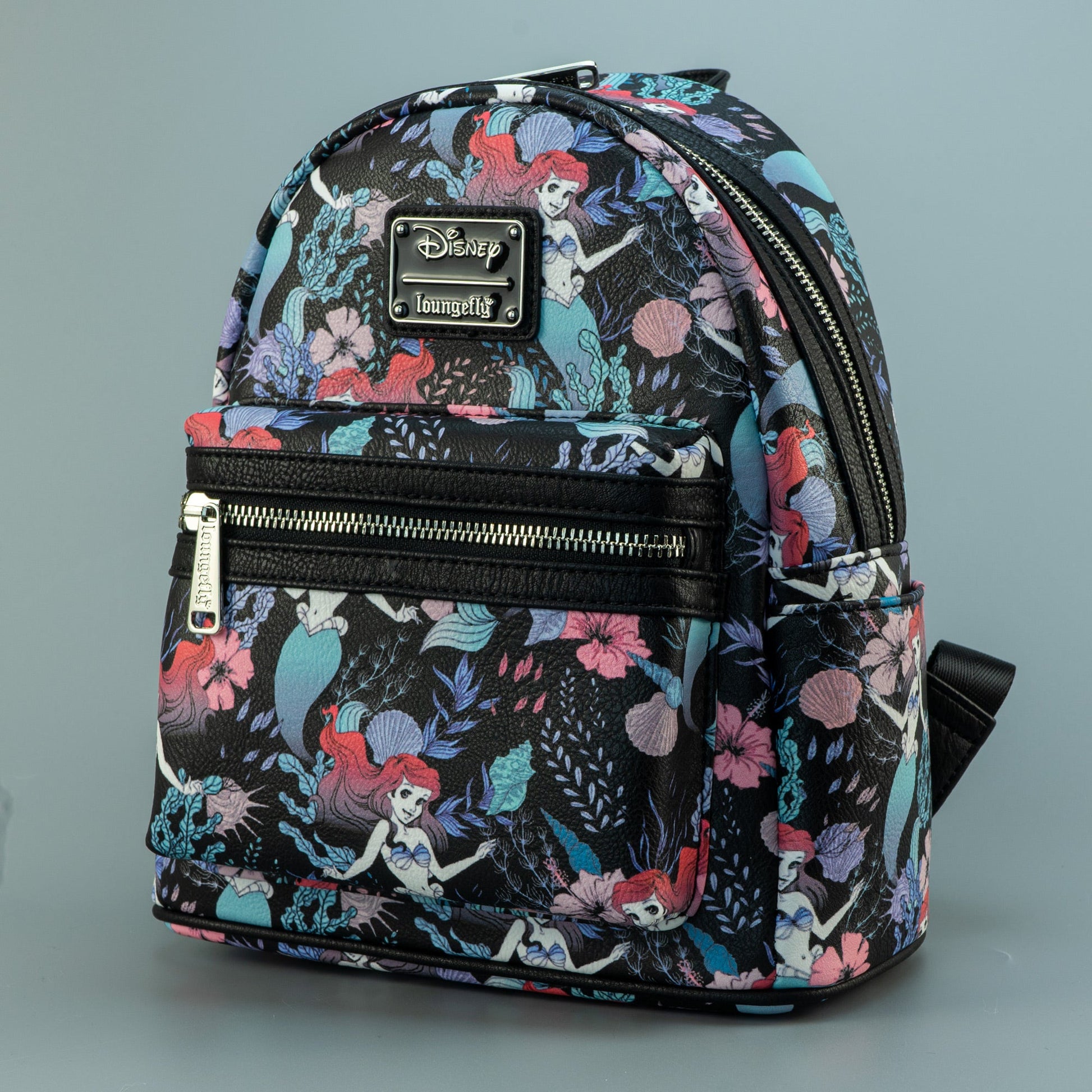 Loungefly X Ariel Floral Print Faux Leather Mini Backpack – Disney-Inspired, Front Zip Pocket, Adjustable Straps