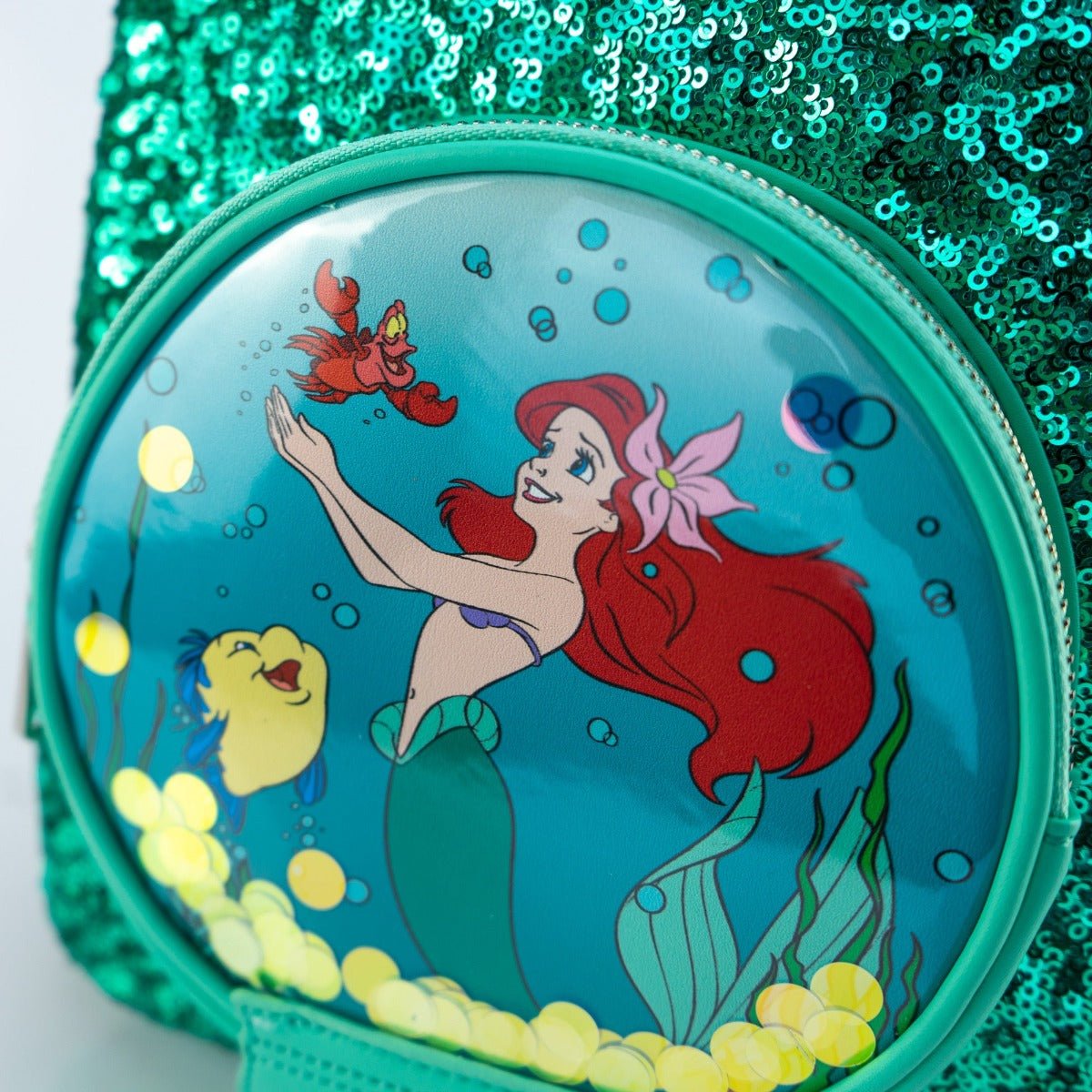 ariel sequin mini backpack by loungefly the little mermaid Loungefly x Disney Ariel Snow Globe Emerald Green Sequin Mini Backpack – GeekCore