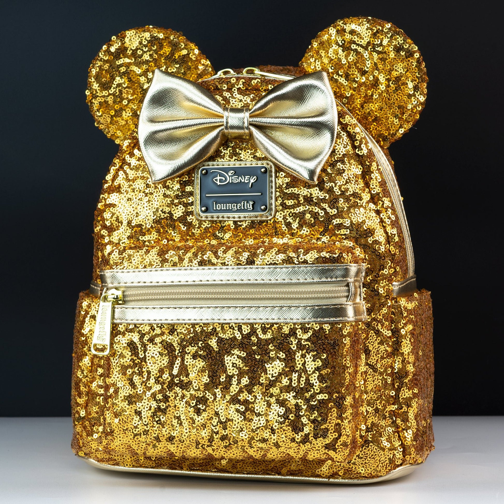 gold mini backpack disney Loungefly x Disney LASR Minnie Yellow Gold Sequin Mini Backpack – GeekCore