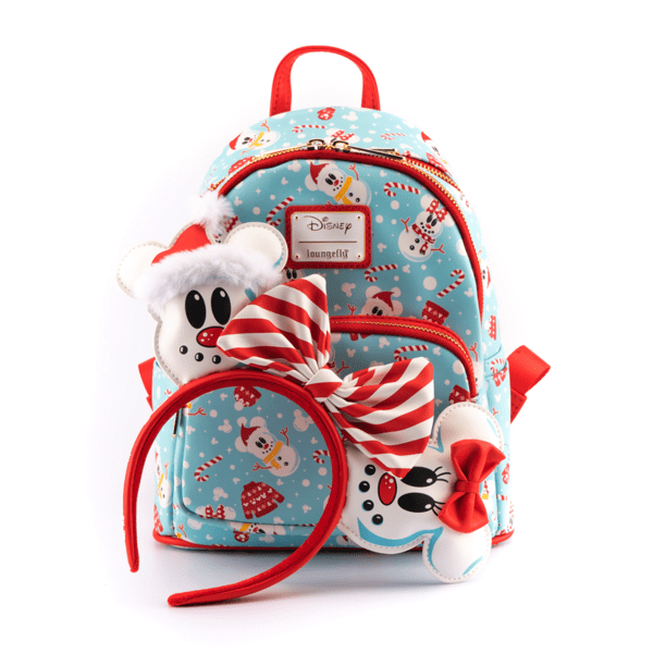 Loungefly x Disney Mickey and Minnie Mouse Snowman Print Mini Backpack and Headband Set - GeekCore