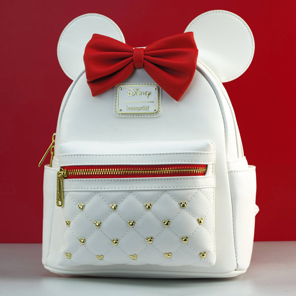 Loungefly White Mini Backpack with Red Bow & Gold Hardware Amazon.com | Loungefly Disney The Minnie Mouse Classic  main image 2