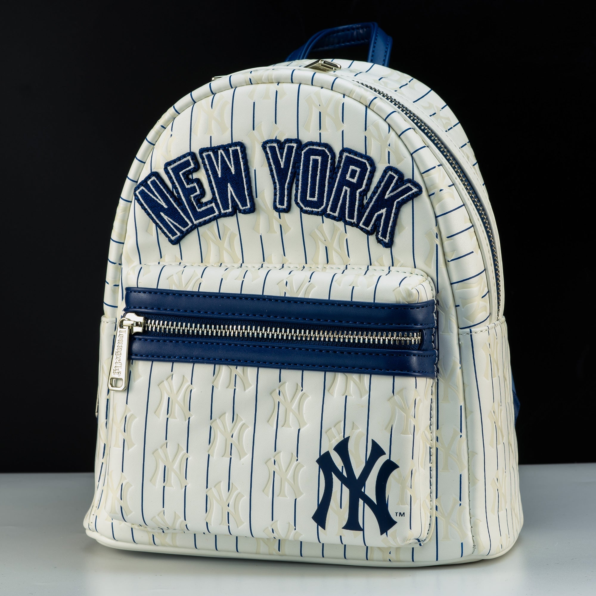 blue white pinstripe mini backpack Navy Stripe CirceCo personalization placement varies and may not appear as shown Blue Stripes and Bows Backpack,