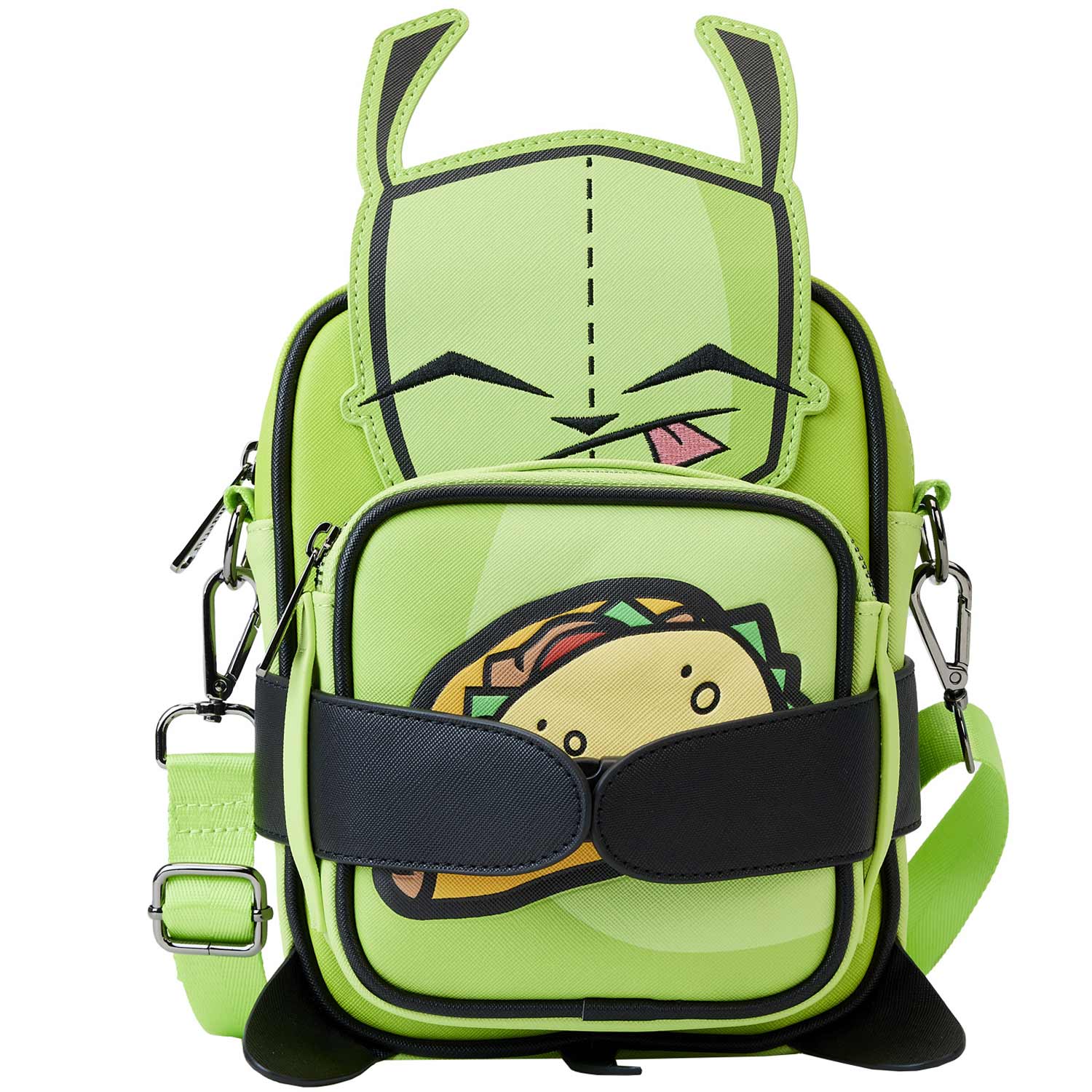 invader zim gir mini backpack Loungefly Glow Features Polyurethane Sturdy top handle Adjustable shoulder straps Glow in the dark Gir and pig move side to side Applique Loungefly Mini Backpacks tagged