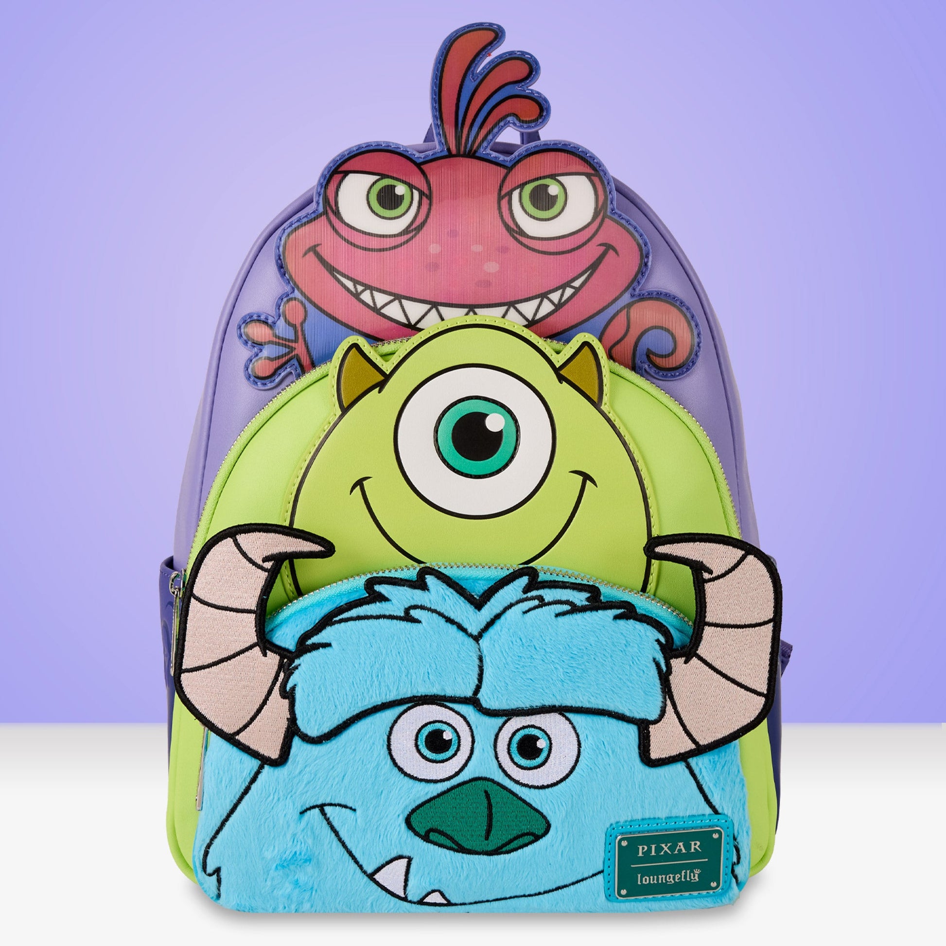 Loungefly x Pixar Monsters Inc. Mike, Sulley and Randall Triple Pocket Mini Backpack - GeekCore