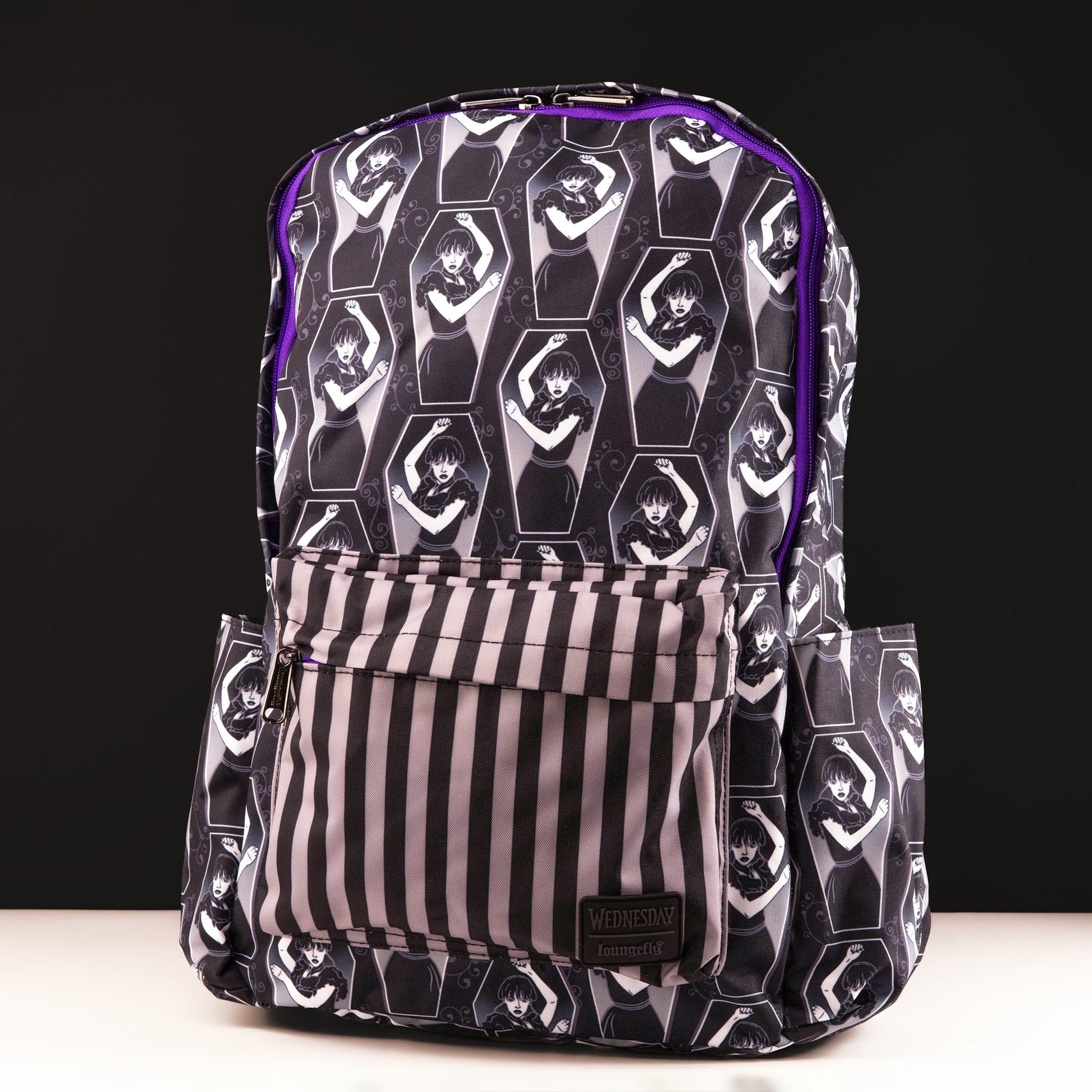 Loungefly x Wednesday Coffin Print Pin Striped Nylon Backpack - GeekCore
