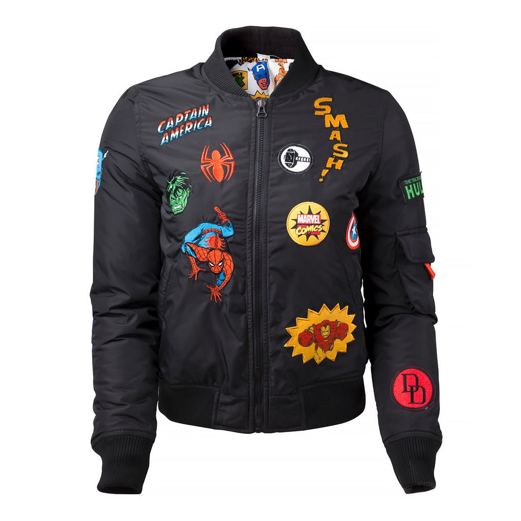 Marvel Girl's Black Bomber Jacket with Patches – GeekCore