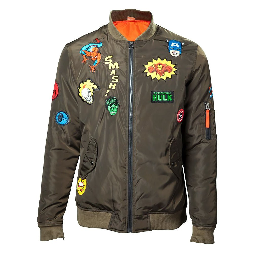 Marvel Men's Olive Bomber Jacket with Patches - GeekCore