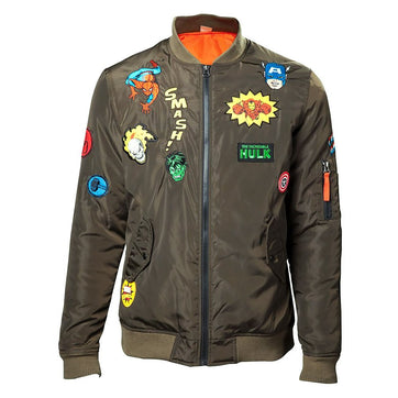 Marvel Men's Olive Bomber Jacket with Patches - GeekCore