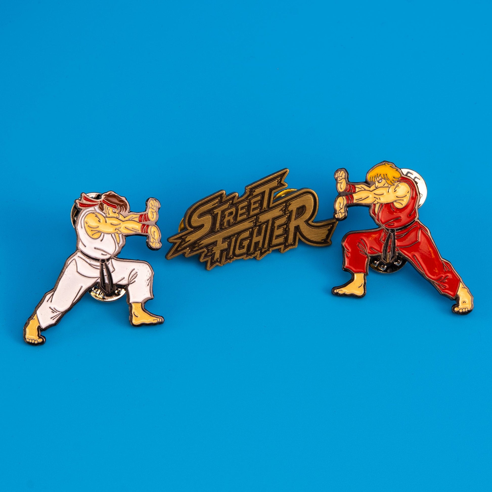 Street Fighter Ryu, Ken and Logo 3 Pack Enamel Pin Set with Tin - GeekCore
