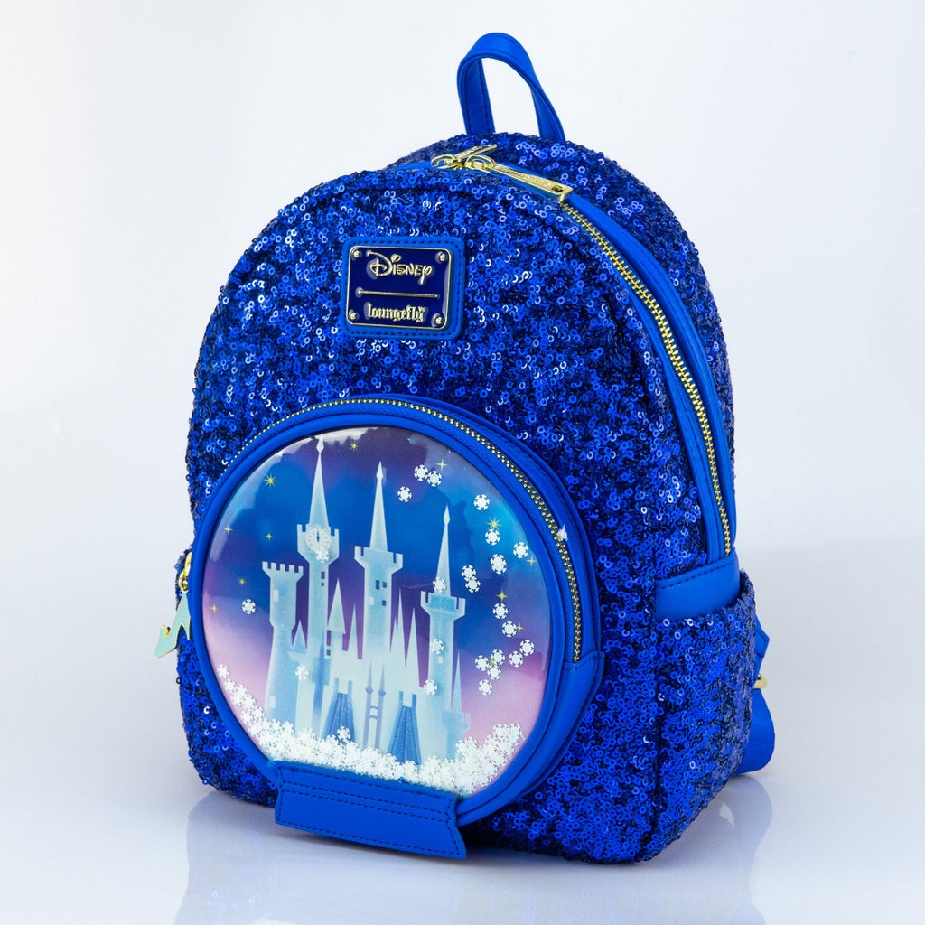 Loungefly x Disney Cinderella Castle Snow Globe Royal Blue Sequin Mini Backpack