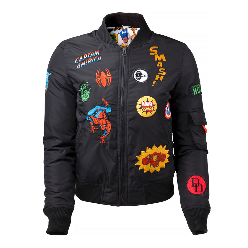 Marvel Girl's Black Bomber Jacket with Patches