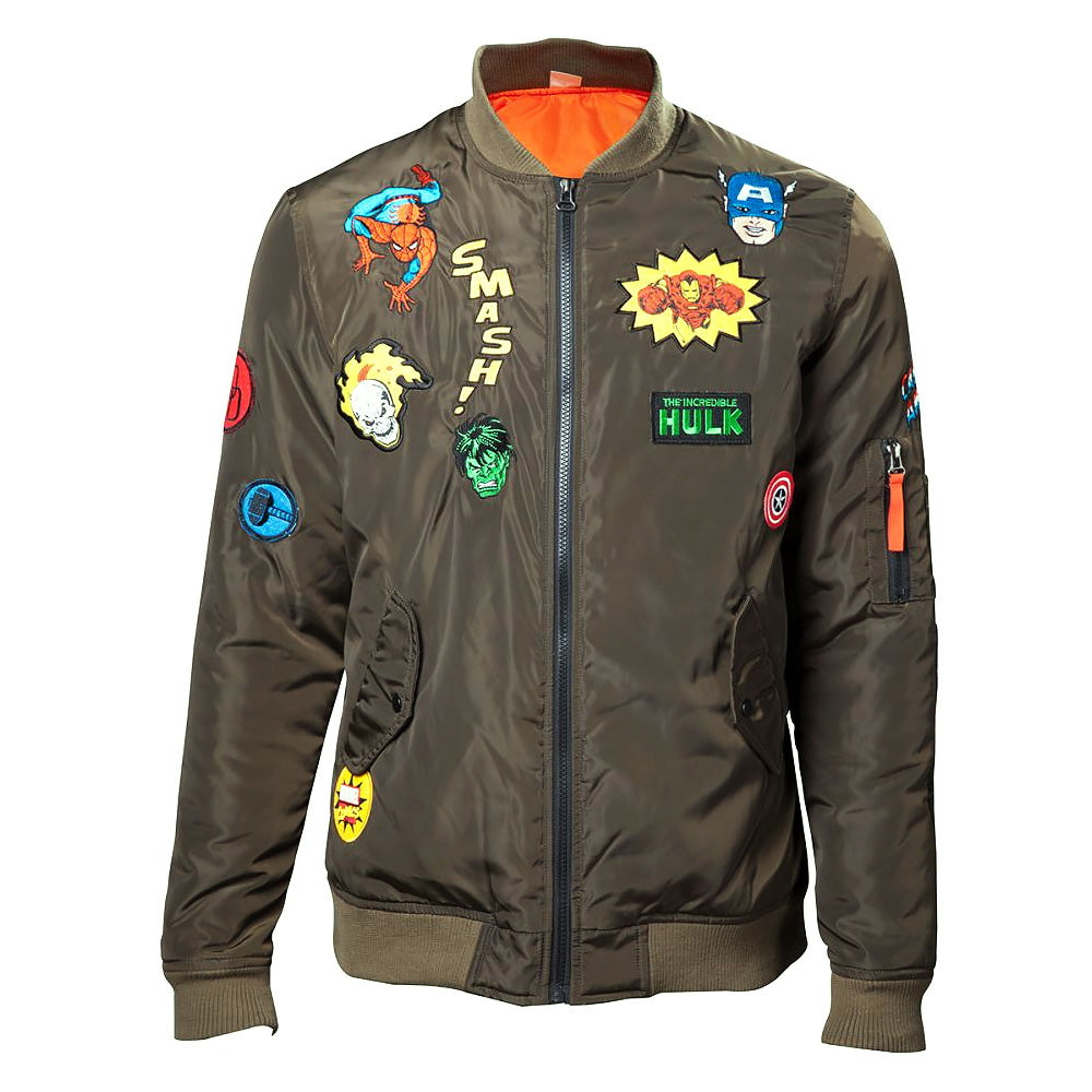 Marvel Men's Olive Bomber Jacket with Patches