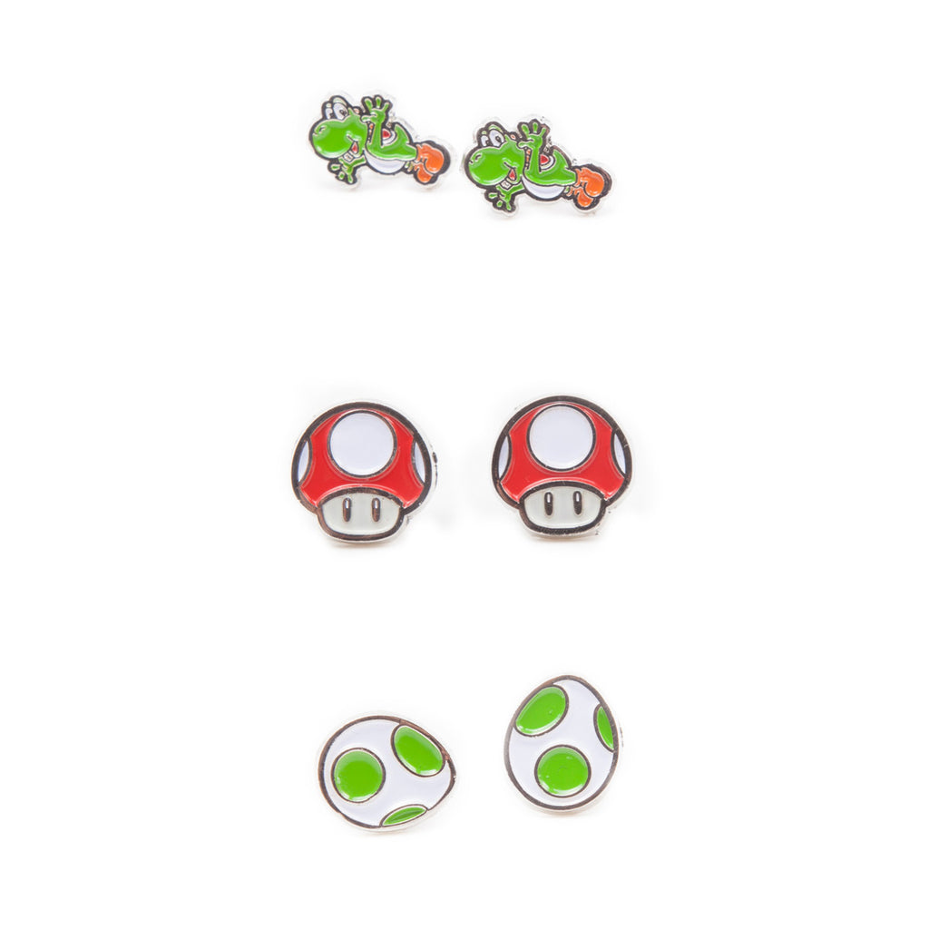 Super Mario Stud Earrings (3 Pairs) - Yoshi, Super Mushroom, Yoshi Egg